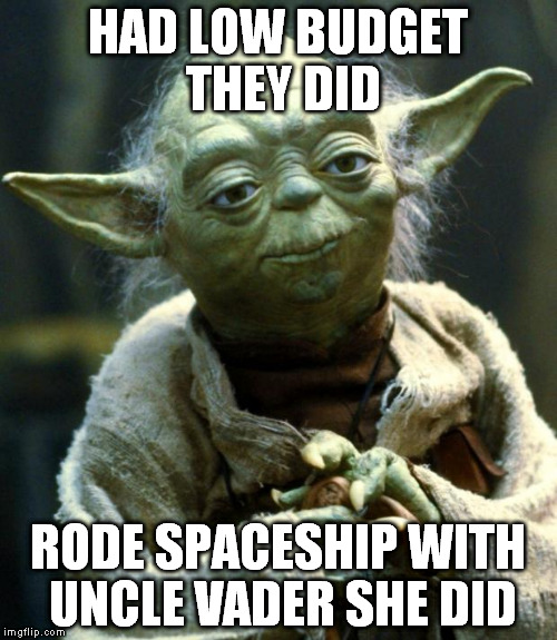 HAD LOW BUDGET THEY DID RODE SPACESHIP WITH UNCLE VADER SHE DID | image tagged in memes,star wars yoda | made w/ Imgflip meme maker