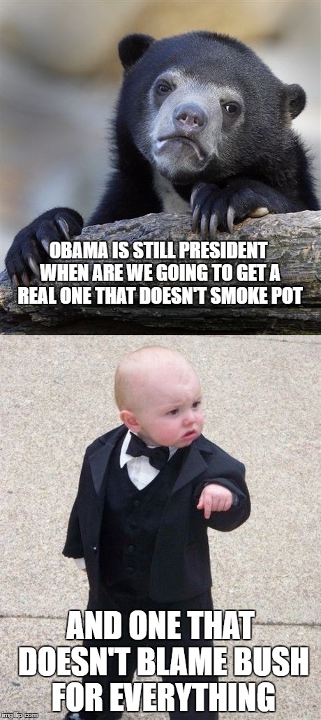 OBAMA IS STILL PRESIDENT WHEN ARE WE GOING TO GET A REAL ONE THAT DOESN'T SMOKE POT; AND ONE THAT DOESN'T BLAME BUSH FOR EVERYTHING | image tagged in baby godfather | made w/ Imgflip meme maker