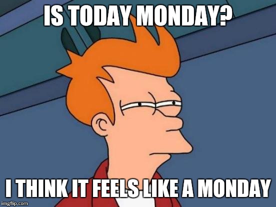 Futurama Fry | IS TODAY MONDAY? I THINK IT FEELS LIKE A MONDAY | image tagged in memes,futurama fry | made w/ Imgflip meme maker