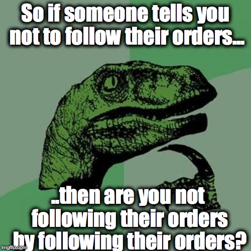Philosoraptor | So if someone tells you not to follow their orders... ..then are you not following their orders by following their orders? | image tagged in memes,philosoraptor | made w/ Imgflip meme maker