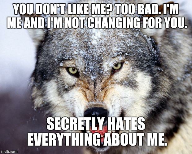 Growlingwolf | YOU DON'T LIKE ME? TOO BAD. I'M ME AND I'M NOT CHANGING FOR YOU. SECRETLY HATES EVERYTHING ABOUT ME. | image tagged in growlingwolf | made w/ Imgflip meme maker