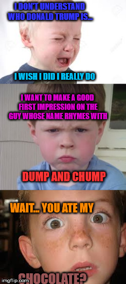 Trump Is A Hit With These Kids | I DON'T UNDERSTAND WHO DONALD TRUMP IS... I WISH I DID I REALLY DO; I WANT TO MAKE A GOOD FIRST IMPRESSION ON THE GUY WHOSE NAME RHYMES WITH; DUMP AND CHUMP; WAIT... YOU ATE MY; CHOCOLATE? | image tagged in trump,dump,chump | made w/ Imgflip meme maker