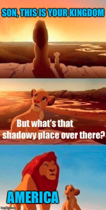 Simba Shadowy Place | SON, THIS IS YOUR KINGDOM; AMERICA | image tagged in memes,simba shadowy place | made w/ Imgflip meme maker