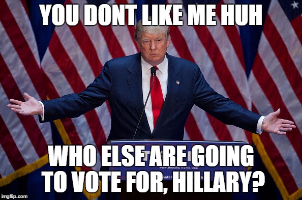 hillary or trump?? lets see
,well we are screwed | YOU DONT LIKE ME HUH; WHO ELSE ARE GOING TO VOTE FOR, HILLARY? | image tagged in donald trump,memes | made w/ Imgflip meme maker