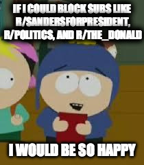 Craig | IF I COULD BLOCK SUBS LIKE R/SANDERSFORPRESIDENT, R/POLITICS, AND R/THE_DONALD; I WOULD BE SO HAPPY | image tagged in craig | made w/ Imgflip meme maker