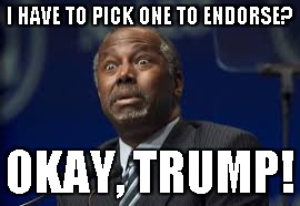 Ben Carson | I HAVE TO PICK ONE TO ENDORSE? OKAY, TRUMP! | image tagged in ben carson | made w/ Imgflip meme maker