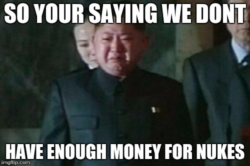 Kim Jong Un Sad | SO YOUR SAYING WE DONT; HAVE ENOUGH MONEY FOR NUKES | image tagged in memes,kim jong un sad | made w/ Imgflip meme maker