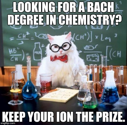 Chemistry Cat | LOOKING FOR A BACH DEGREE IN CHEMISTRY? KEEP YOUR ION THE PRIZE. | image tagged in memes,chemistry cat | made w/ Imgflip meme maker