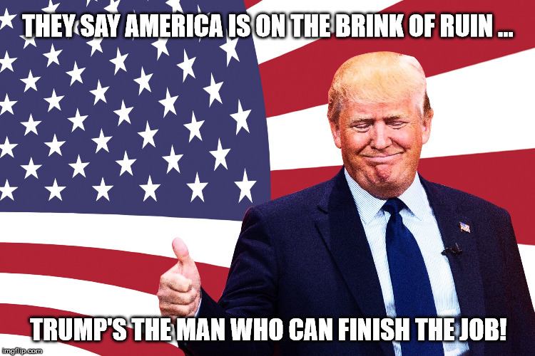 Trump's America On the Brink of Ruin | THEY SAY AMERICA IS ON THE BRINK OF RUIN ... TRUMP'S THE MAN WHO CAN FINISH THE JOB! | image tagged in donald trump,trump,america,brink of ruin,brink of disaster,trump for president | made w/ Imgflip meme maker