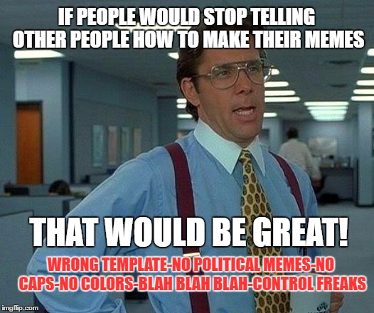 That Would Be Great | IF PEOPLE WOULD STOP TELLING OTHER PEOPLE HOW TO MAKE THEIR MEMES; THAT WOULD BE GREAT! WRONG TEMPLATE-NO POLITICAL MEMES-NO CAPS-NO COLORS-BLAH BLAH BLAH-CONTROL FREAKS | image tagged in memes,that would be great | made w/ Imgflip meme maker