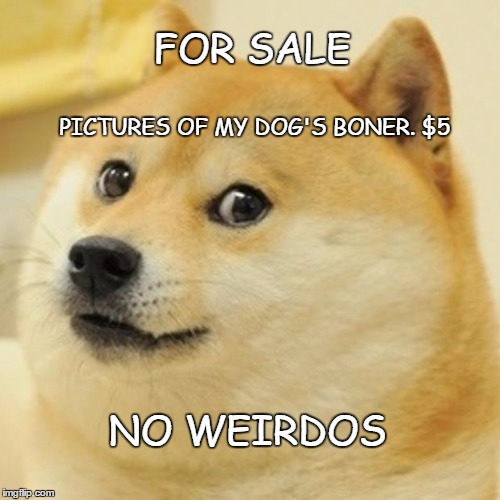 Doge | FOR SALE; PICTURES OF MY DOG'S BONER. $5; NO WEIRDOS | image tagged in memes,doge | made w/ Imgflip meme maker