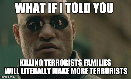 Matrix Morpheus | WHAT IF I TOLD YOU; KILLING TERRORISTS FAMILIES WILL LITERALLY MAKE MORE TERRORISTS | image tagged in memes,matrix morpheus,AdviceAnimals | made w/ Imgflip meme maker