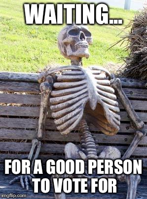 Waiting Skeleton | WAITING... FOR A GOOD PERSON TO VOTE FOR | image tagged in memes,waiting skeleton | made w/ Imgflip meme maker