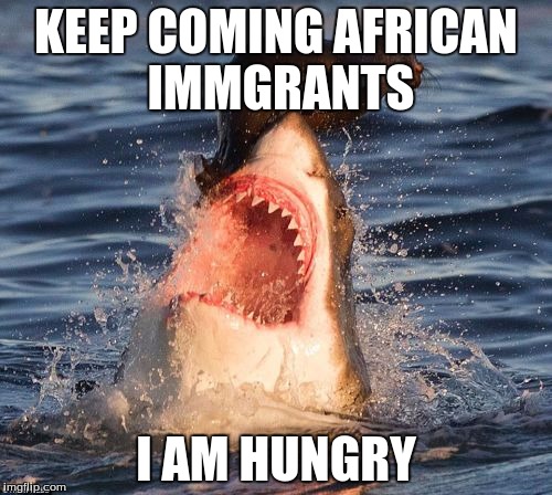 immigration | KEEP COMING AFRICAN IMMGRANTS; I AM HUNGRY | image tagged in memes,travelonshark | made w/ Imgflip meme maker