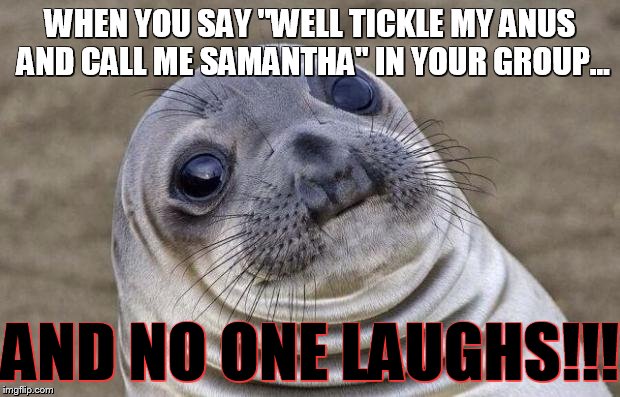 That moment when you lose all your friends... | WHEN YOU SAY "WELL TICKLE MY ANUS AND CALL ME SAMANTHA" IN YOUR GROUP... AND NO ONE LAUGHS!!! | image tagged in memes,awkward moment sealion,funny,no homo | made w/ Imgflip meme maker