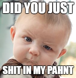 Skeptical Baby | DID YOU JUST; SHIT IN MY PAHNT | image tagged in memes,skeptical baby | made w/ Imgflip meme maker