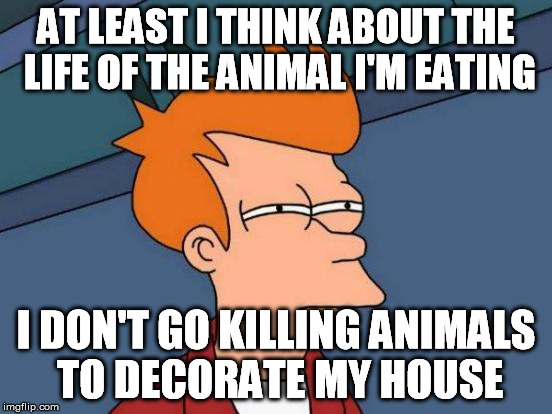 Futurama Fry Meme | AT LEAST I THINK ABOUT THE LIFE OF THE ANIMAL I'M EATING I DON'T GO KILLING ANIMALS TO DECORATE MY HOUSE | image tagged in memes,futurama fry | made w/ Imgflip meme maker