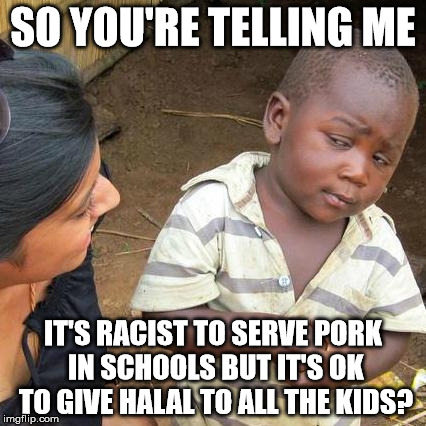 Third World Skeptical Kid | SO YOU'RE TELLING ME; IT'S RACIST TO SERVE PORK IN SCHOOLS BUT IT'S OK TO GIVE HALAL TO ALL THE KIDS? | image tagged in memes,third world skeptical kid | made w/ Imgflip meme maker