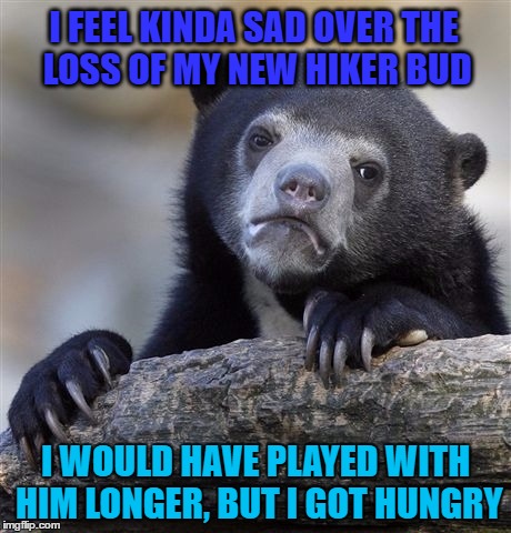 Confession Bear | I FEEL KINDA SAD OVER THE LOSS OF MY NEW HIKER BUD; I WOULD HAVE PLAYED WITH HIM LONGER, BUT I GOT HUNGRY | image tagged in memes,confession bear | made w/ Imgflip meme maker