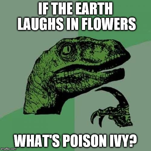 Philosoraptor Meme | IF THE EARTH LAUGHS IN FLOWERS WHAT'S POISON IVY? | image tagged in memes,philosoraptor | made w/ Imgflip meme maker