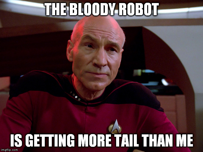 THE BLOODY ROBOT IS GETTING MORE TAIL THAN ME | image tagged in picard intoxicated | made w/ Imgflip meme maker