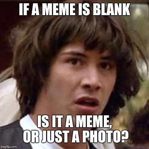 Conspiracy Keanu Meme | IF A MEME IS BLANK; IS IT A MEME, OR JUST A PHOTO? | image tagged in memes,conspiracy keanu | made w/ Imgflip meme maker