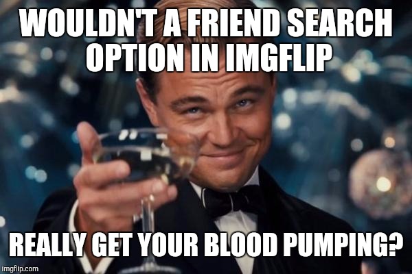 Leonardo Dicaprio Cheers Meme | WOULDN'T A FRIEND SEARCH OPTION IN IMGFLIP; REALLY GET YOUR BLOOD PUMPING? | image tagged in memes,leonardo dicaprio cheers | made w/ Imgflip meme maker