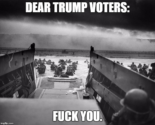 Trump Normandy | DEAR TRUMP VOTERS:; FUCK YOU. | image tagged in trump normandy | made w/ Imgflip meme maker