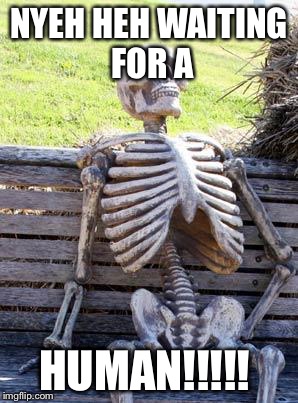 Waiting Skeleton | NYEH HEH WAITING FOR A; HUMAN!!!!! | image tagged in memes,waiting skeleton | made w/ Imgflip meme maker
