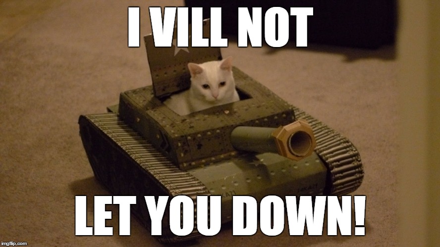 Cat tank | I VILL NOT LET YOU DOWN! | image tagged in cat tank | made w/ Imgflip meme maker