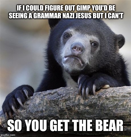 Confession Bear Meme | IF I COULD FIGURE OUT GIMP YOU'D BE SEEING A GRAMMAR NAZI JESUS BUT I CAN'T SO YOU GET THE BEAR | image tagged in memes,confession bear | made w/ Imgflip meme maker