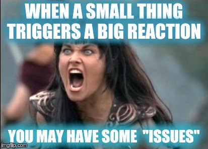 over reaction | WHEN A SMALL THING TRIGGERS A BIG REACTION; YOU MAY HAVE SOME  "ISSUES" | image tagged in rage,issues | made w/ Imgflip meme maker
