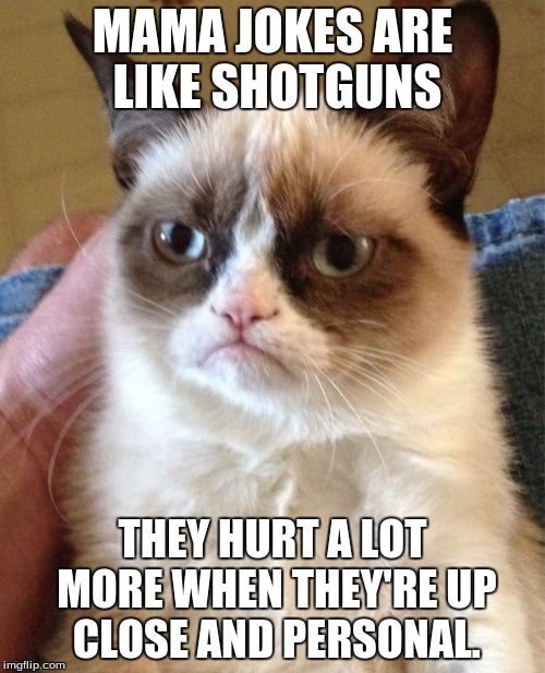 Grumpy Cat | MAMA JOKES ARE LIKE SHOTGUNS; THEY HURT A LOT MORE WHEN THEY'RE UP CLOSE AND PERSONAL. | image tagged in memes,grumpy cat | made w/ Imgflip meme maker