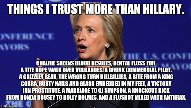 hillary clinton lying democrat liberal | THINGS I TRUST MORE THAN HILLARY. CHALRIE SHEENS BLOOD RESULTS, DENTAL FLOSS FOR A TITE ROPE WALK OVER VOLCANOES. A DRUNK COMMERCIAL PILOT. A GRIZZLEY BEAR, THE WRONG TURN HILLBILLIES, A BITE FROM A KING COBRA, RUSTY NAILS AND GLASS EMBEDDED IN MY FEET, A VICTORY INN PROSTITUTE, A MARRIAGE TO OJ SIMPSON, A KNOCKOUT KICK FROM RONDA ROUSEY TO HOLLY HOLMES, AND A FLUSHOT MIXED WITH ANTHRAX. | image tagged in hillary clinton lying democrat liberal | made w/ Imgflip meme maker