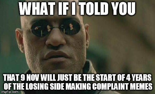 Matrix Morpheus Meme | WHAT IF I TOLD YOU THAT 9 NOV WILL JUST BE THE START OF 4 YEARS OF THE LOSING SIDE MAKING COMPLAINT MEMES | image tagged in memes,matrix morpheus | made w/ Imgflip meme maker