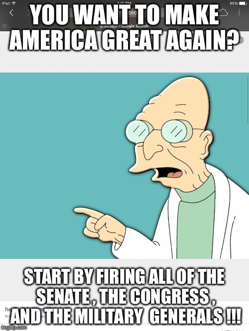 Make America great!  | YOU WANT TO MAKE AMERICA GREAT AGAIN? START BY FIRING ALL OF THE SENATE , THE CONGRESS , AND THE MILITARY  GENERALS !!! | image tagged in political | made w/ Imgflip meme maker