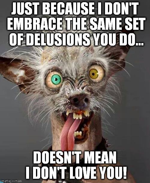 Crazy Dog | JUST BECAUSE I DON'T EMBRACE THE SAME SET OF DELUSIONS YOU DO... DOESN'T MEAN I DON'T LOVE YOU! | image tagged in crazy dog | made w/ Imgflip meme maker