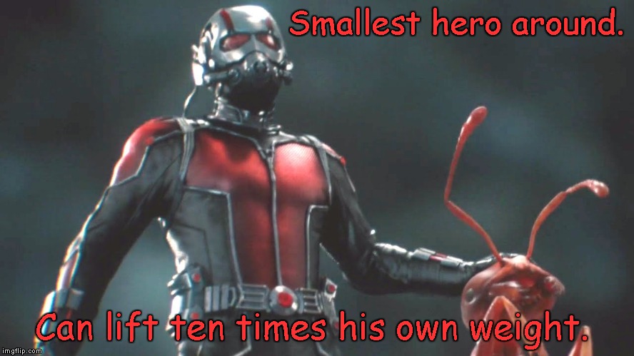 ant man  | Smallest hero around. Can lift ten times his own weight. | image tagged in ant man | made w/ Imgflip meme maker
