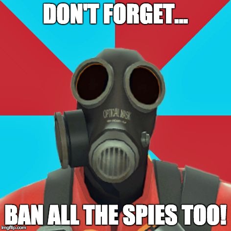Paranoid Pyro | DON'T FORGET... BAN ALL THE SPIES TOO! | image tagged in paranoid pyro | made w/ Imgflip meme maker