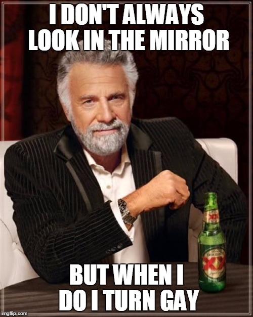 The Most Interesting Man In The World Meme | I DON'T ALWAYS LOOK IN THE MIRROR; BUT WHEN I DO I TURN GAY | image tagged in memes,the most interesting man in the world | made w/ Imgflip meme maker