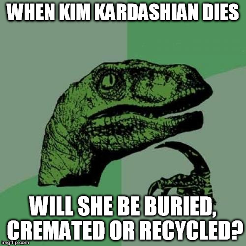 Philosoraptor | WHEN KIM KARDASHIAN DIES; WILL SHE BE BURIED, CREMATED OR RECYCLED? | image tagged in memes,philosoraptor | made w/ Imgflip meme maker