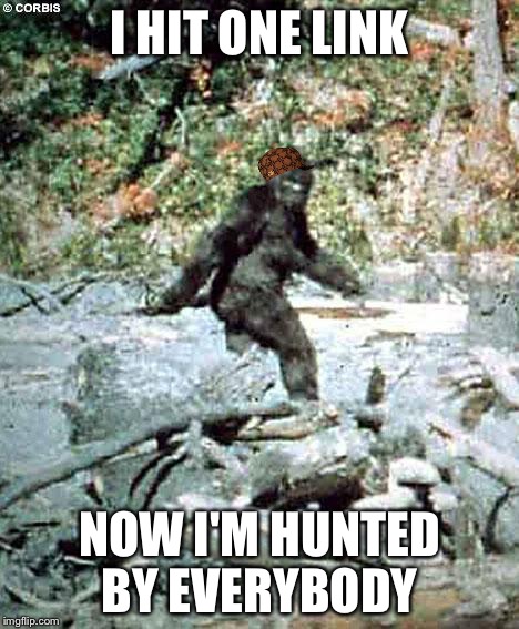 Bigfoot | I HIT ONE LINK; NOW I'M HUNTED BY EVERYBODY | image tagged in bigfoot,scumbag | made w/ Imgflip meme maker