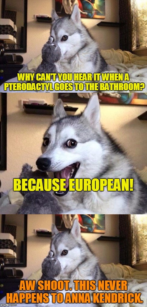 He messed up the joke again. He was supposed to say, "Because the P is silent."  | WHY CAN'T YOU HEAR IT WHEN A PTERODACTYL GOES TO THE BATHROOM? BECAUSE EUROPEAN! AW SHOOT. THIS NEVER HAPPENS TO ANNA KENDRICK. | image tagged in i'm bad at puns dog 2,memes,bad pun dog,anna kendrick,bad pun anna kendrick | made w/ Imgflip meme maker