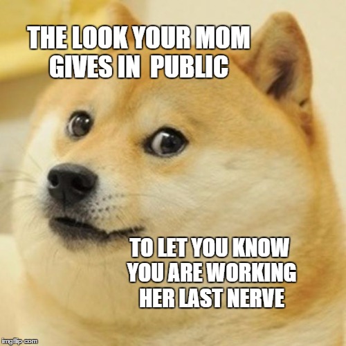 Doge | THE LOOK YOUR MOM GIVES IN  PUBLIC; TO LET YOU KNOW YOU ARE WORKING HER LAST NERVE | image tagged in memes,doge | made w/ Imgflip meme maker