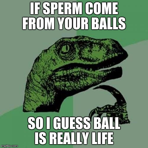 Philosoraptor | IF SPERM COME FROM YOUR BALLS; SO I GUESS BALL IS REALLY LIFE | image tagged in memes,philosoraptor | made w/ Imgflip meme maker