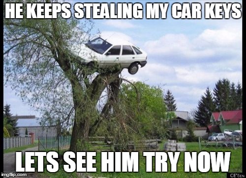 Not today | HE KEEPS STEALING MY CAR KEYS; LETS SEE HIM TRY NOW | image tagged in memes,secure parking | made w/ Imgflip meme maker