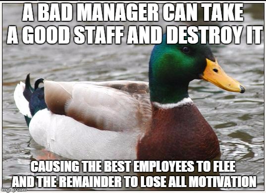 Actual Advice Mallard | A BAD MANAGER CAN TAKE A GOOD STAFF AND DESTROY IT; CAUSING THE BEST EMPLOYEES TO FLEE AND THE REMAINDER TO LOSE ALL MOTIVATION | image tagged in memes,actual advice mallard,AdviceAnimals | made w/ Imgflip meme maker