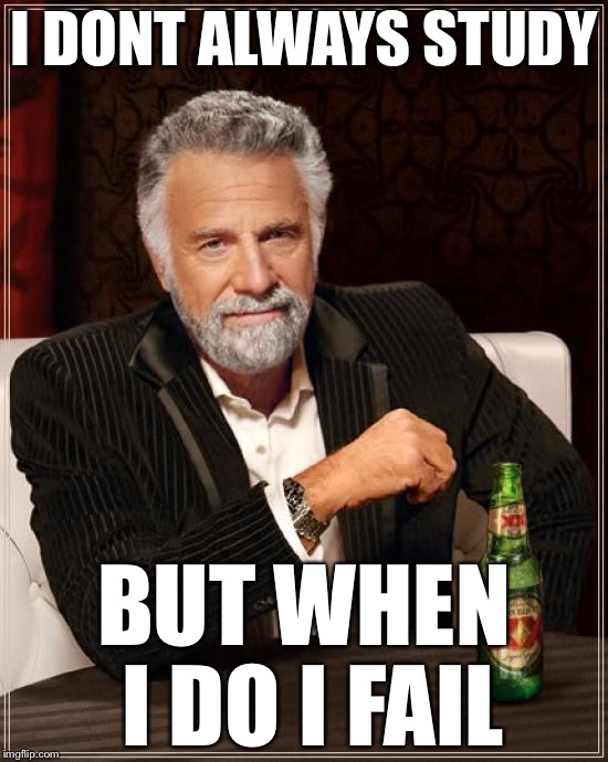 The Most Interesting Man In The World Meme | I DONT ALWAYS STUDY; BUT WHEN I DO I FAIL | image tagged in memes,the most interesting man in the world | made w/ Imgflip meme maker