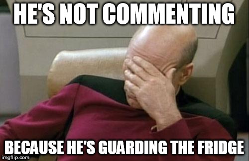 Captain Picard Facepalm Meme | HE'S NOT COMMENTING BECAUSE HE'S GUARDING THE FRIDGE | image tagged in memes,captain picard facepalm | made w/ Imgflip meme maker