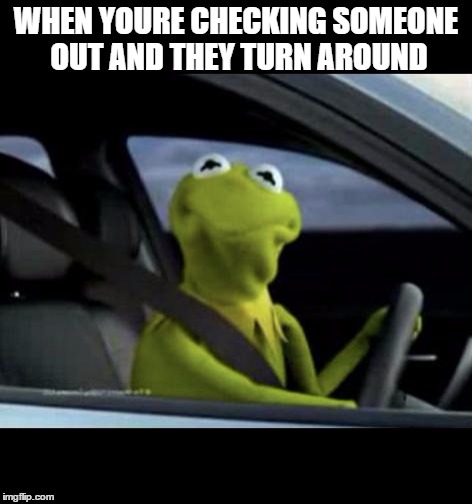 Kermit driving | WHEN YOURE CHECKING SOMEONE OUT AND THEY TURN AROUND | image tagged in kermit driving | made w/ Imgflip meme maker